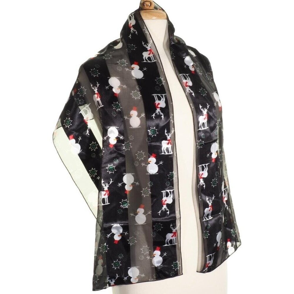 Women Neck Scarf Snowman Reindeer Sheer Stripe Black White Red Rectangle 59 x 13